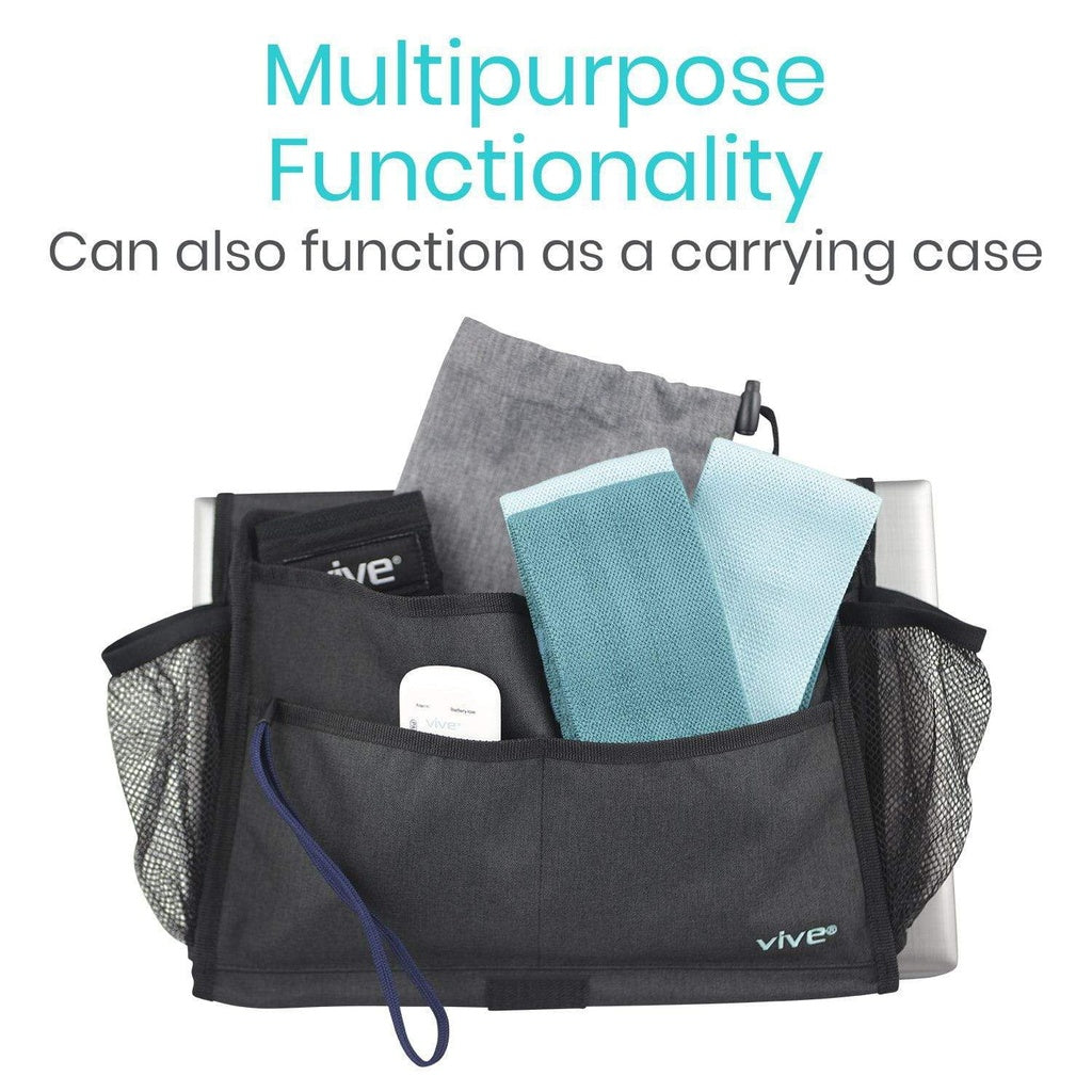 Black carrying case with compartments filled with items, labeled 'vive', on a white background.