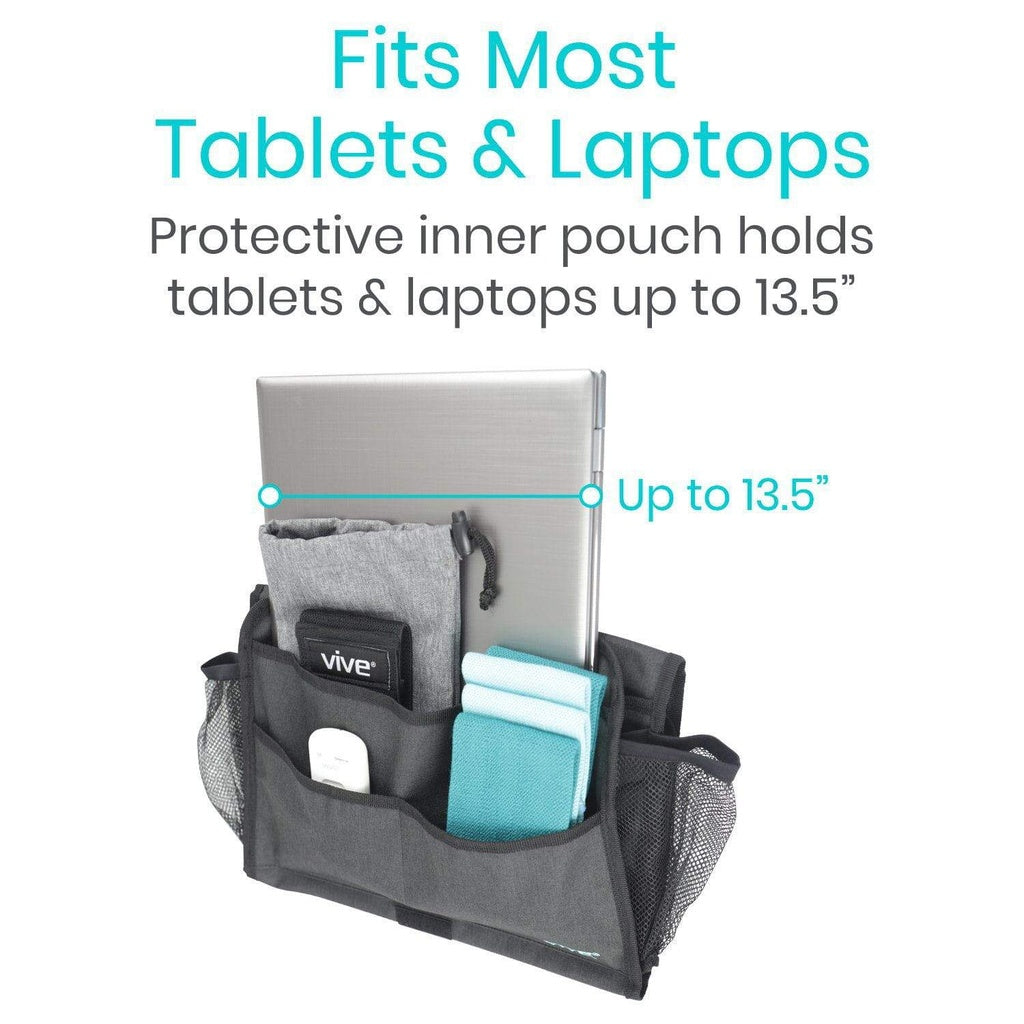 Gray protective inner pouch with compartments holding a tablet and other items, labeled 'Fits Most Tablets & Laptops'.
