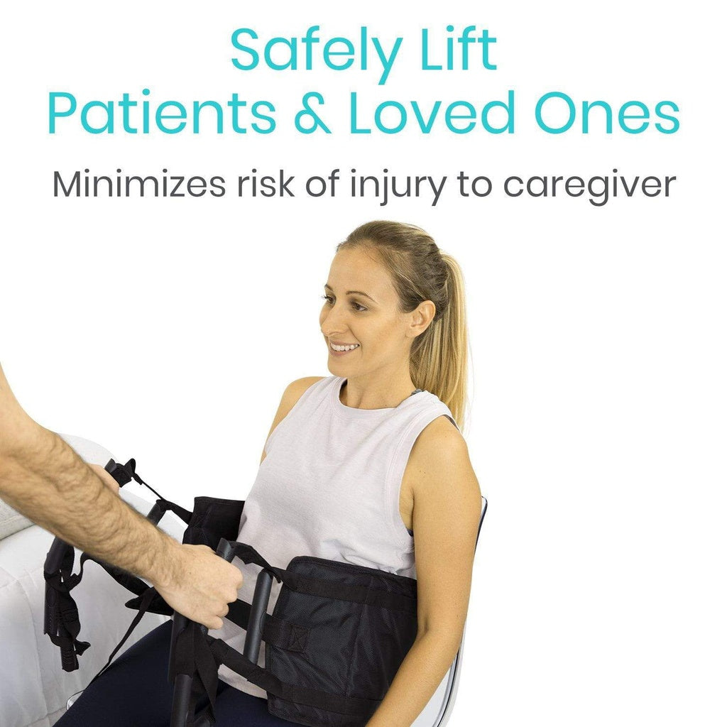 Person using a safety lift to assist a seated individual, with text highlighting safety benefits.