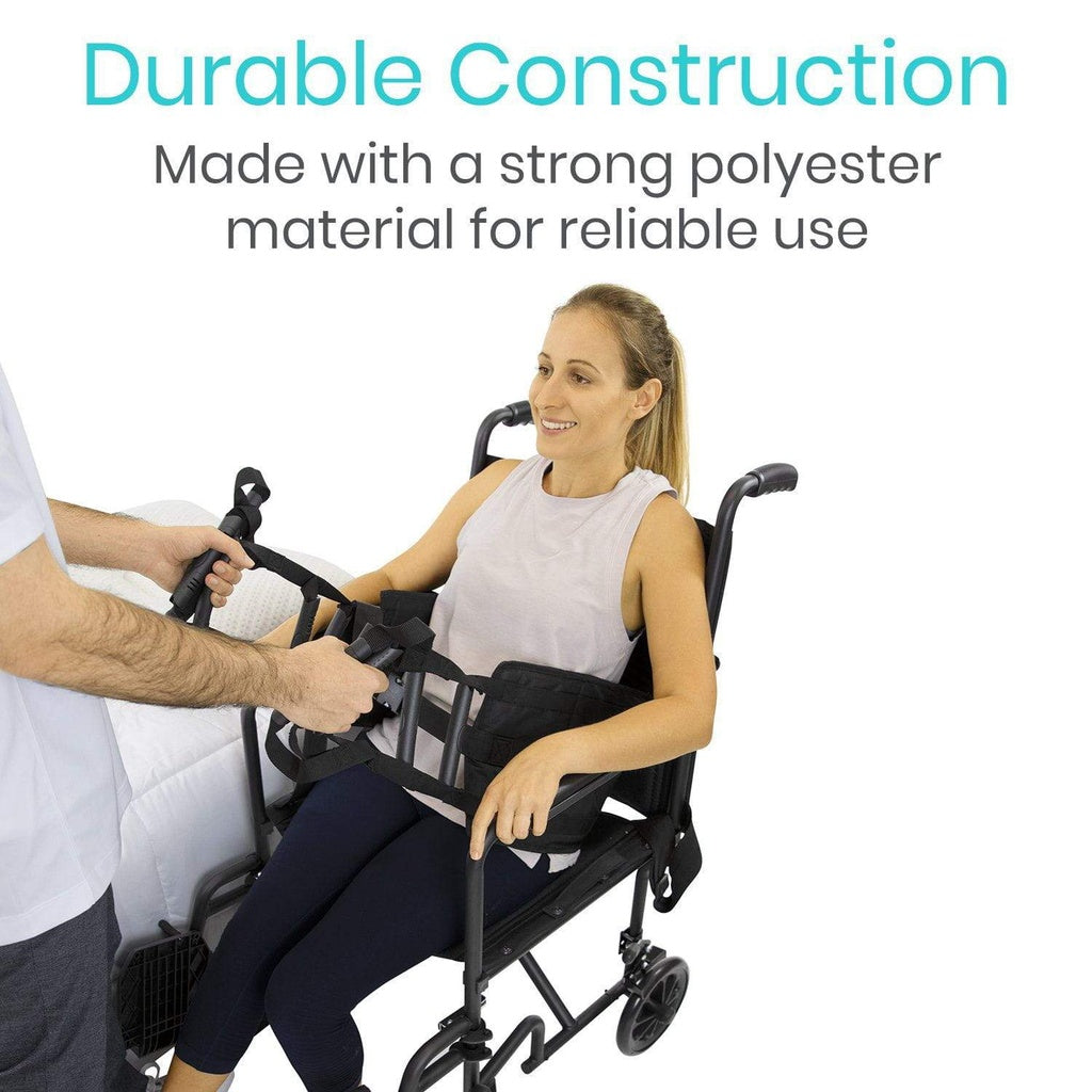 Woman using a wheelchair with text about durable construction and polyester material