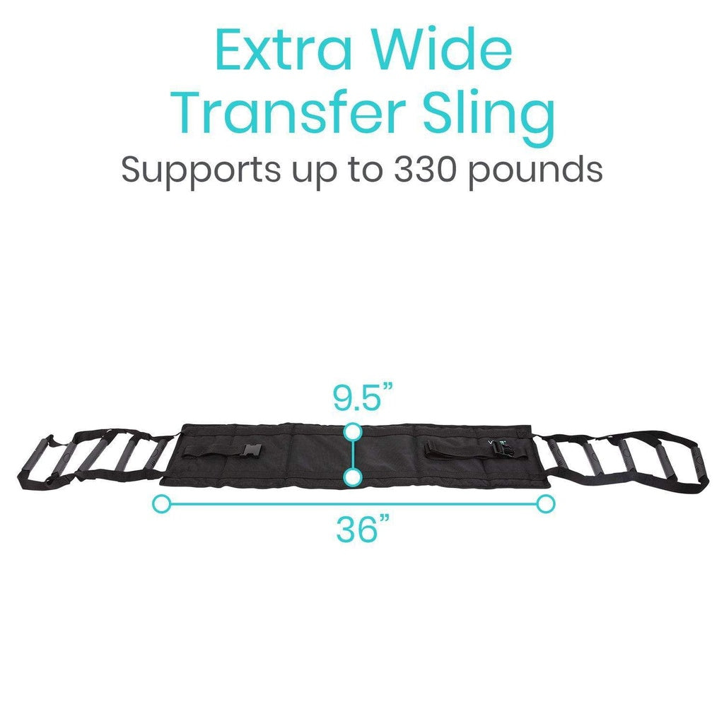 Extra wide transfer sling with dimensions and weight capacity on a white background