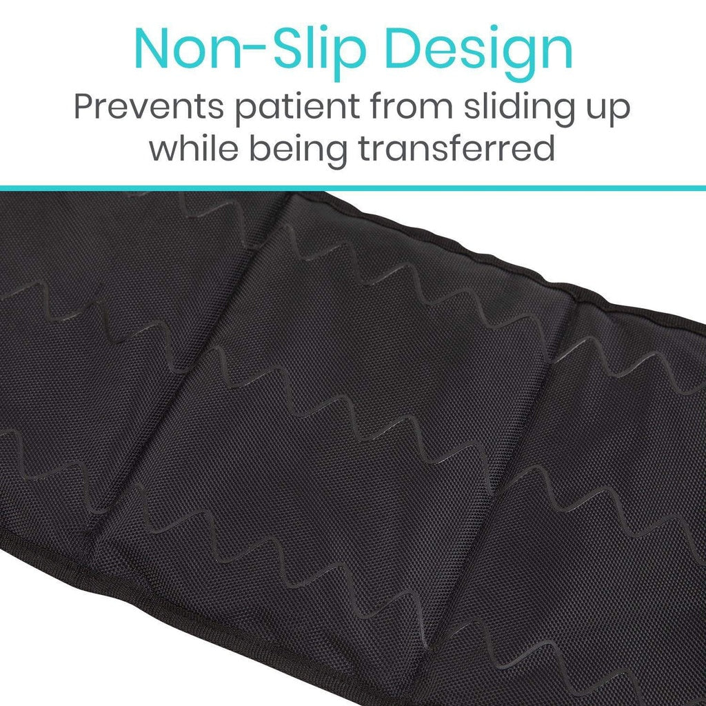 Black mattress with wavy pattern and text about non-slip design on a white background