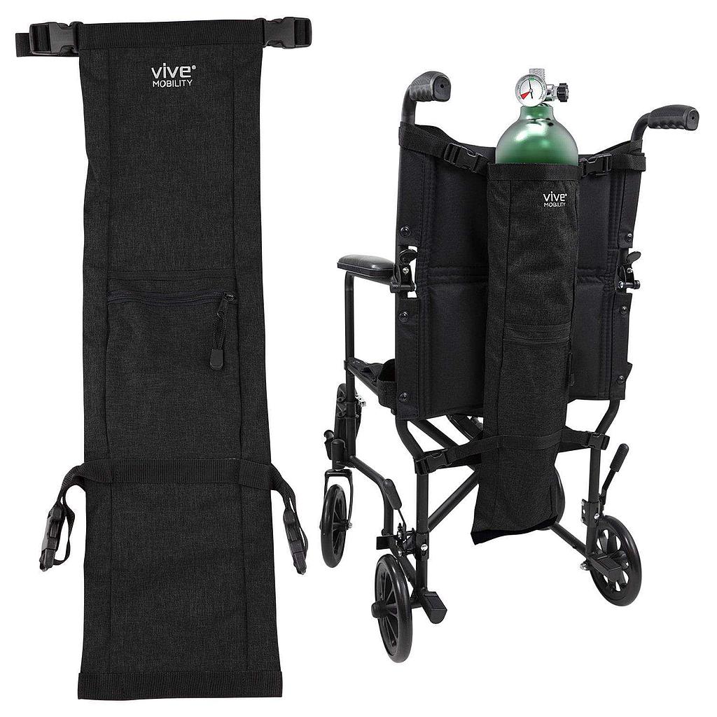 Black mobility scooter with oxygen tank holder and Vive Mobility branding on a white background