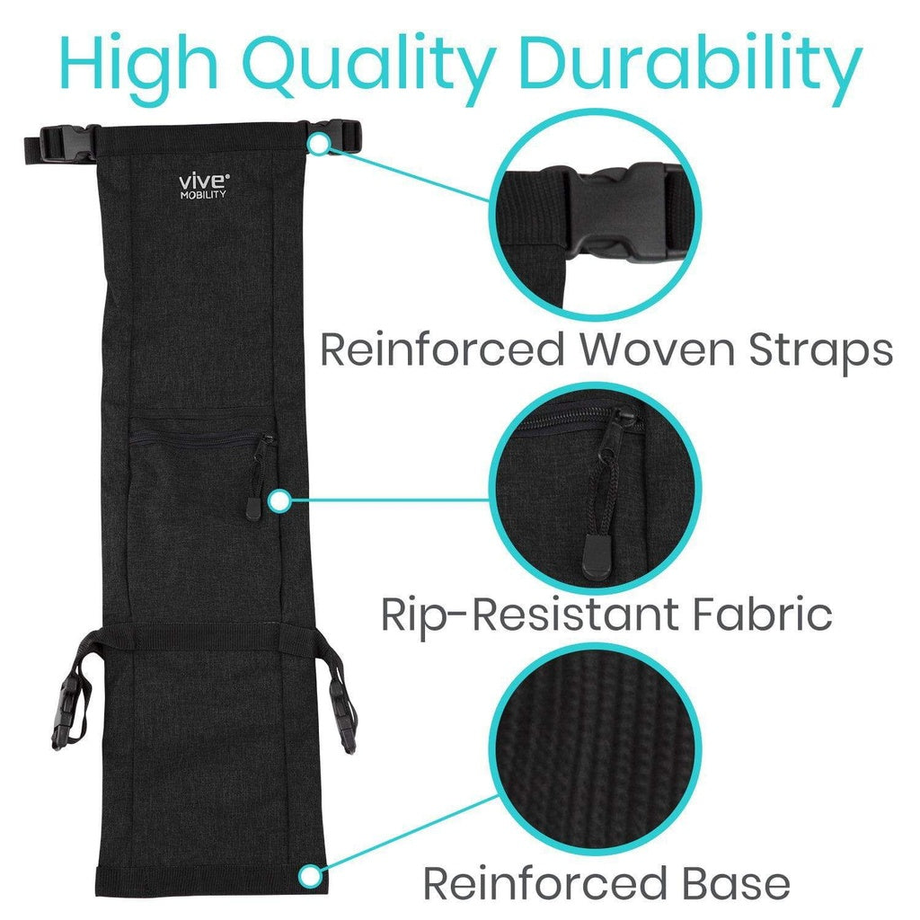 Black bag with reinforced woven straps, rip-resistant fabric, and reinforced base on a white background.