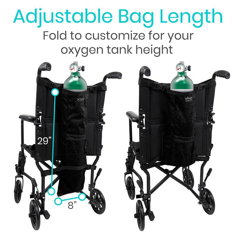Oxygen tank holder attached to a wheelchair with adjustable bag length feature.