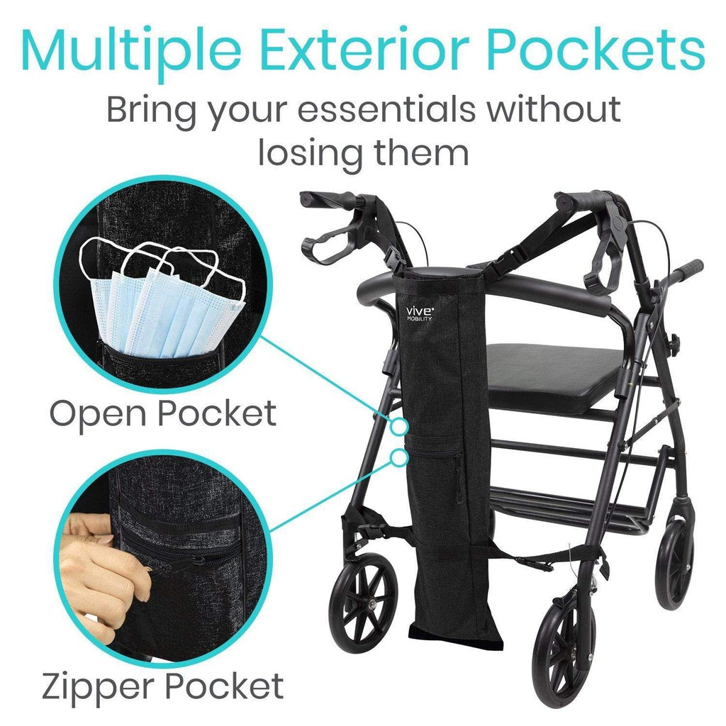 Black walker with multiple exterior pockets on a white background