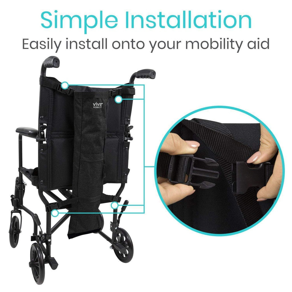 Black mobility aid with installation strap and text 'Simple Installation: Easily install onto your mobility aid' on a white background.
