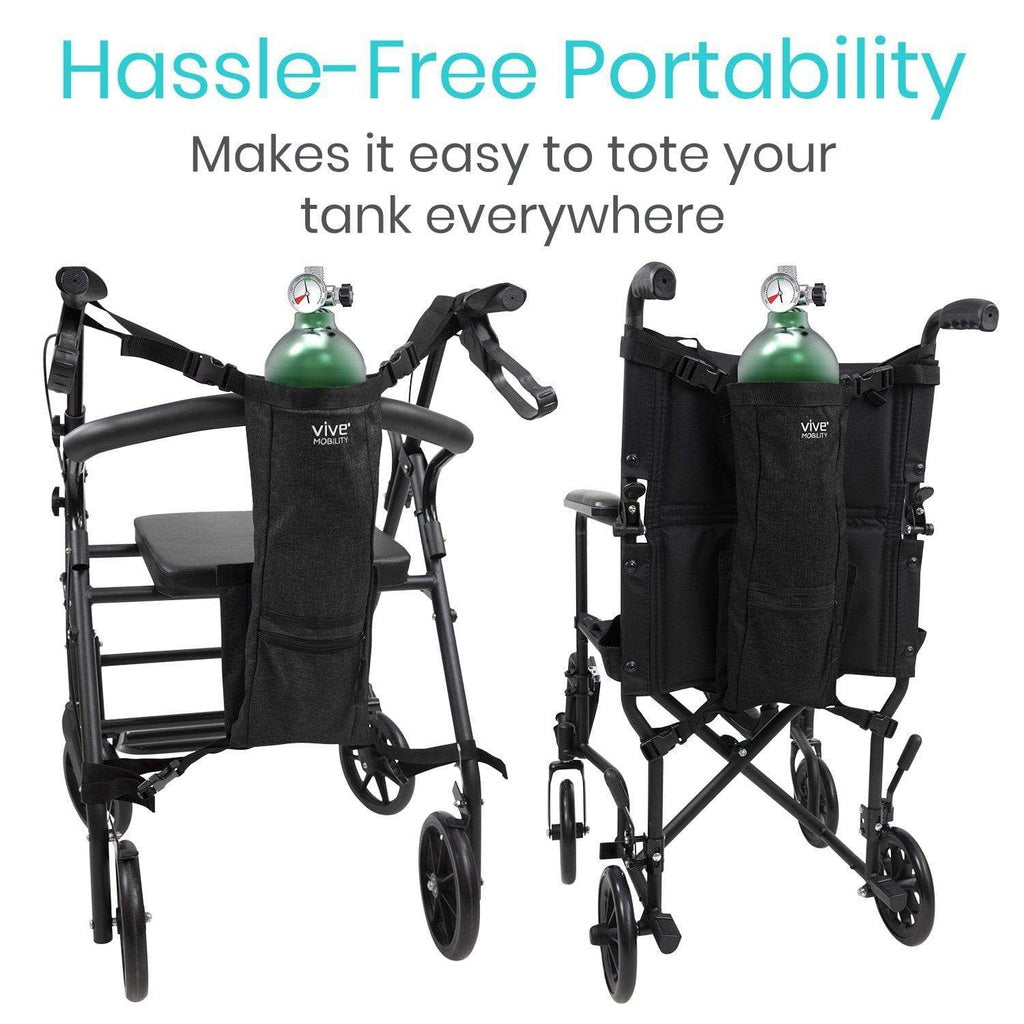 Black oxygen tank carrier attached to a walker and wheelchair with text 'Hassle-Free Portability'.