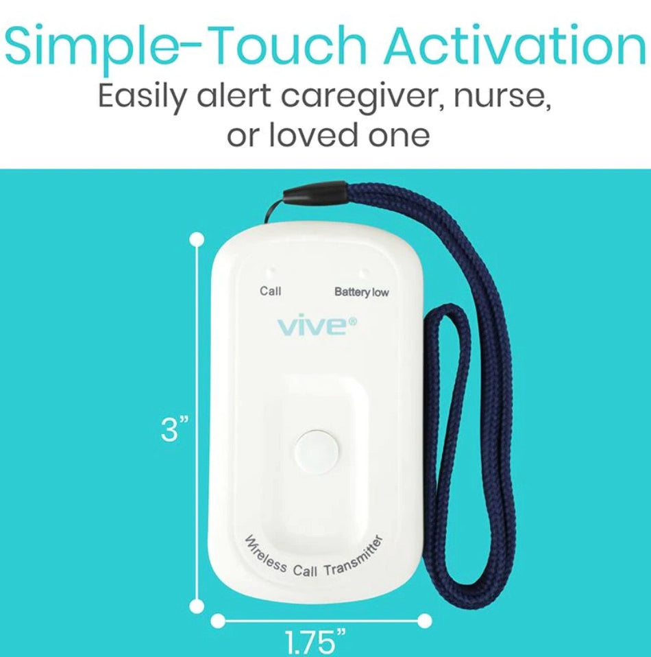 White call transmitter with blue strap on a teal background, featuring the brand 'vive'.