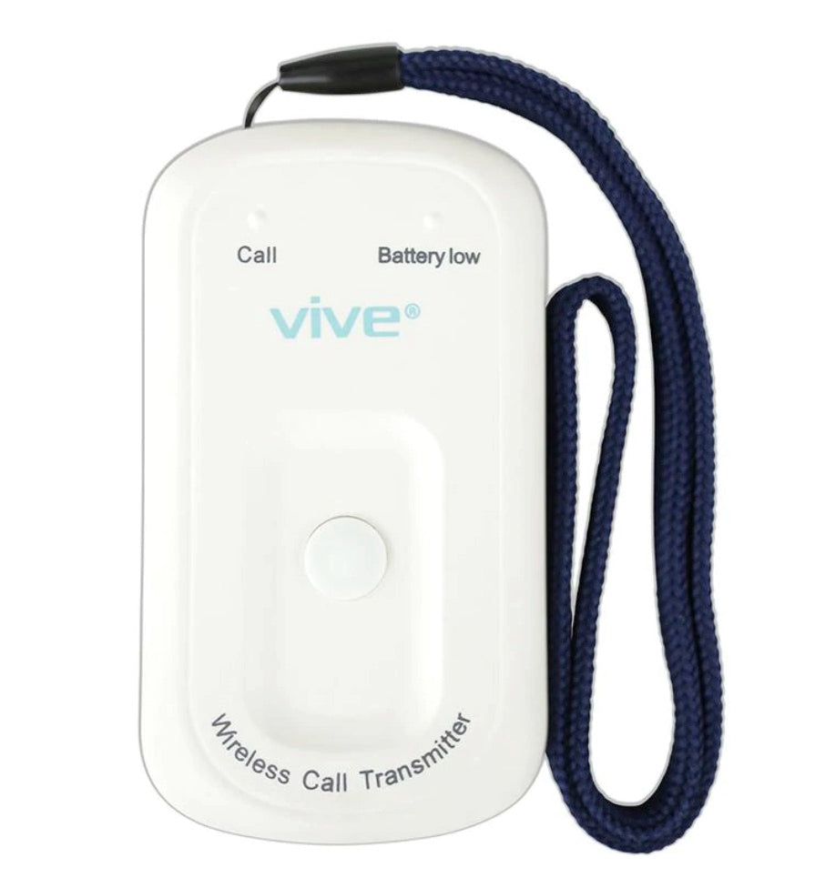 White wireless call transmitter with blue lanyard on a white background