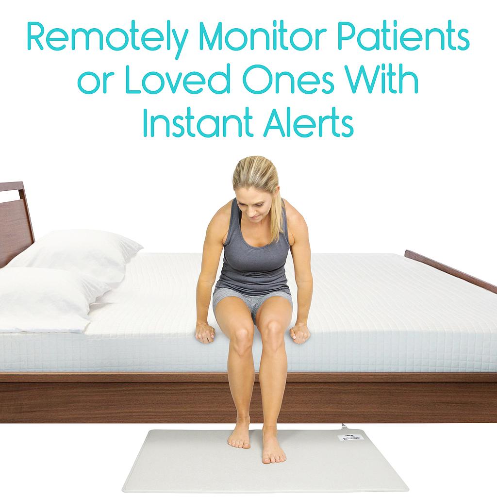 Woman using a mat on a bed with text about remote patient monitoring.