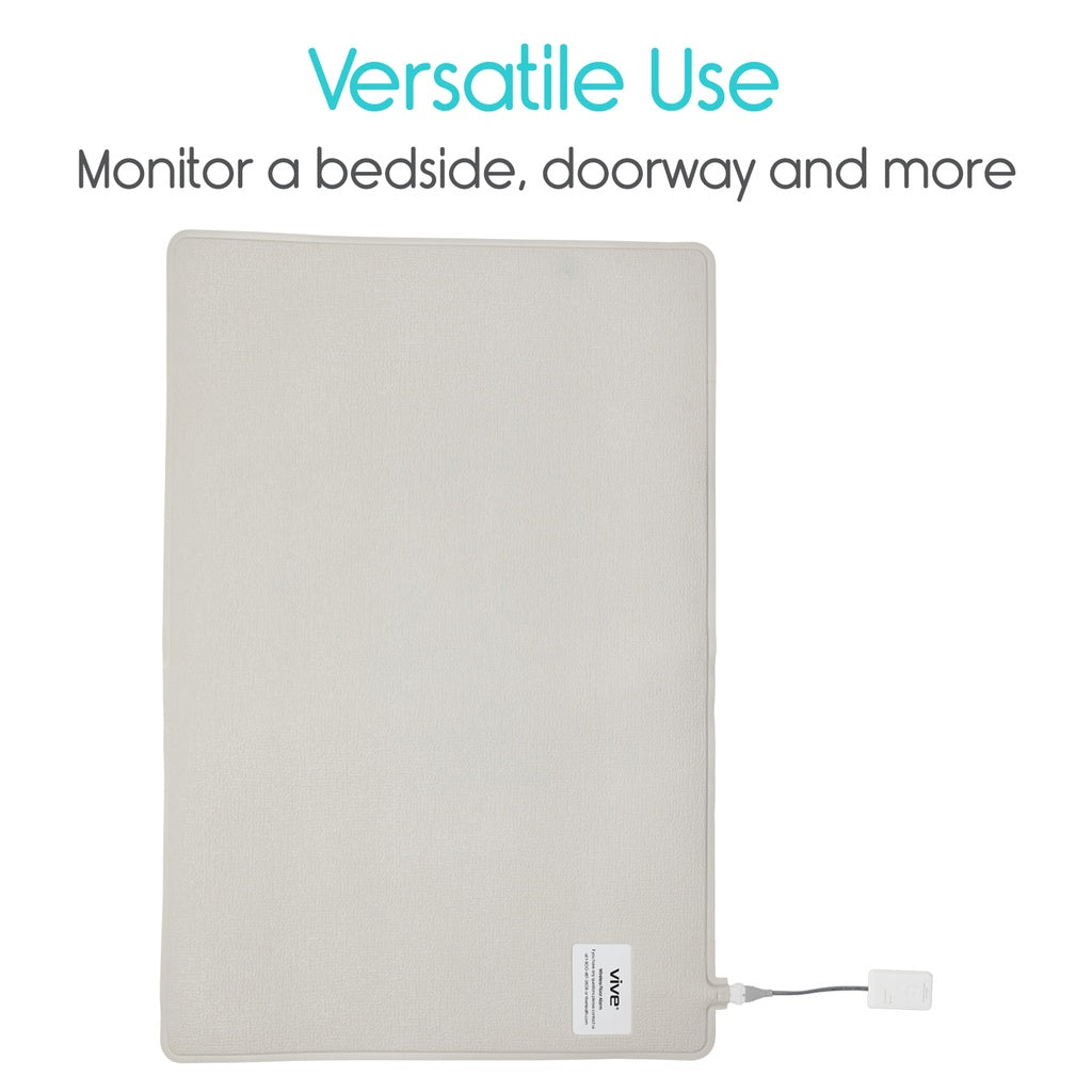 Rectangular sensor pad with text indicating versatile use for monitoring bedside, doorway, and more on a white background.