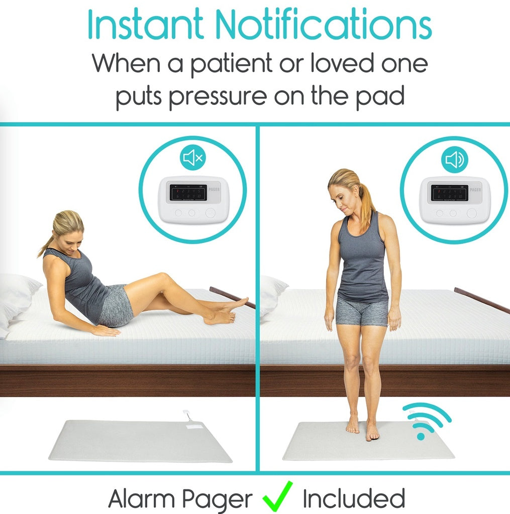 Bedding system with alarm pager for monitoring pressure on the pad, shown with a woman lying and standing.