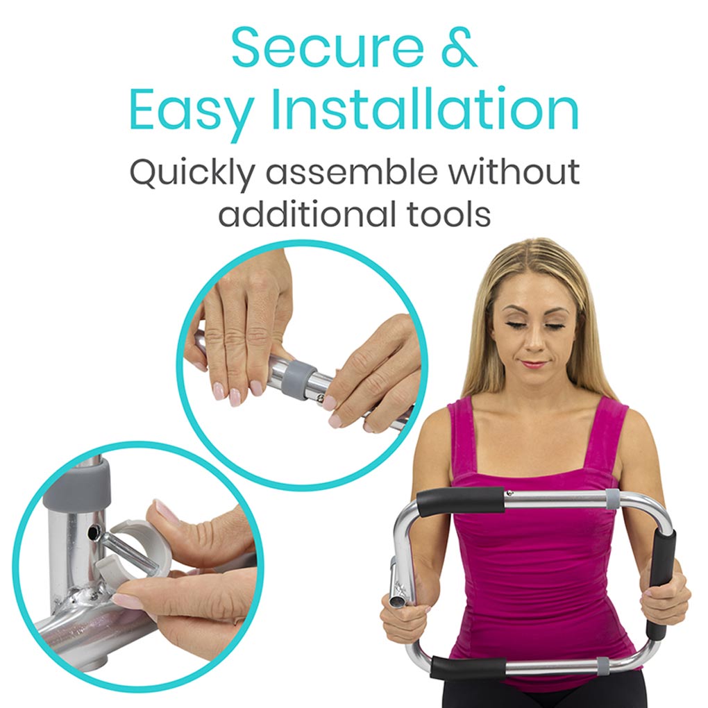 Woman using a fitness handlebar with text about secure and easy installation