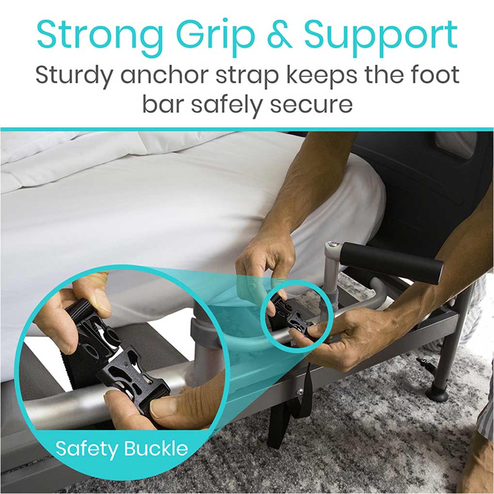 Person using a bed rail with a safety buckle, emphasizing strong grip and support.