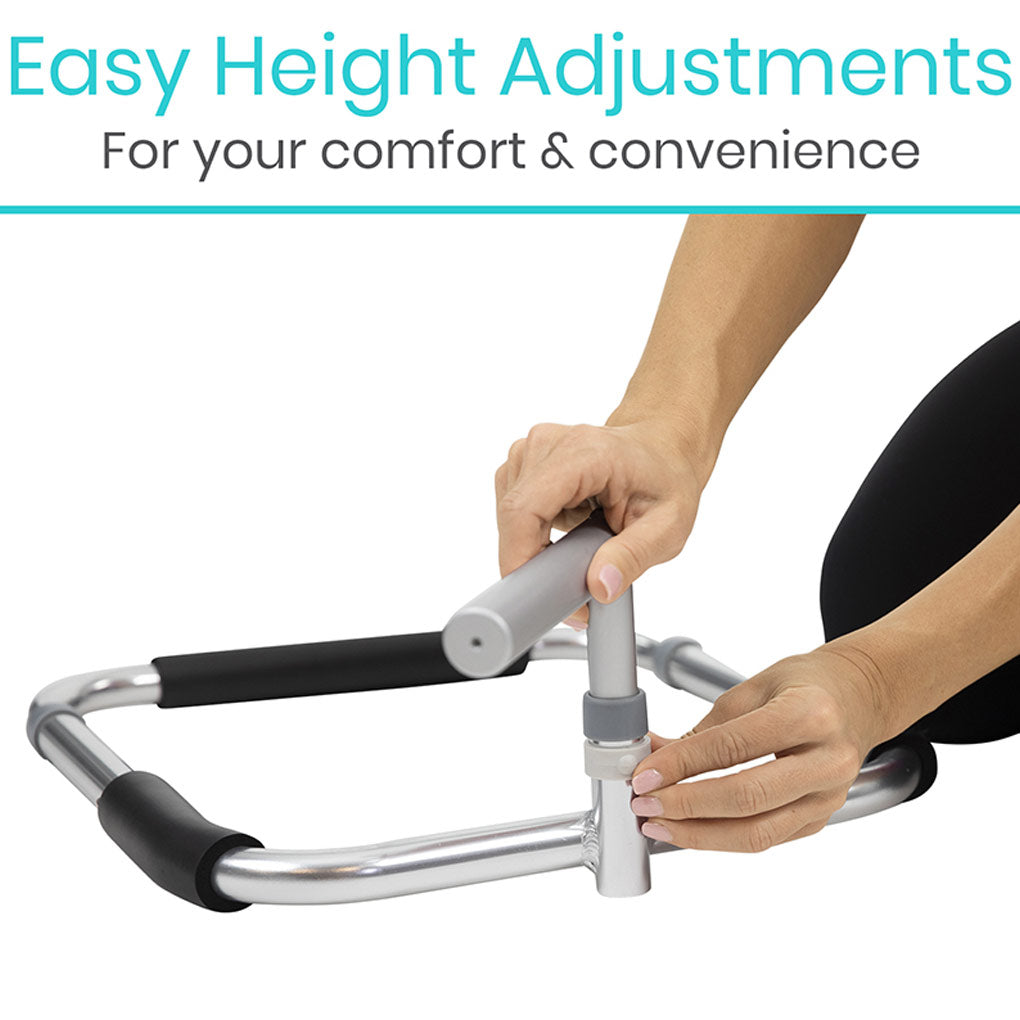 Hand adjusting a walker's height with text 'Easy Height Adjustments For your comfort & convenience' on a white background.