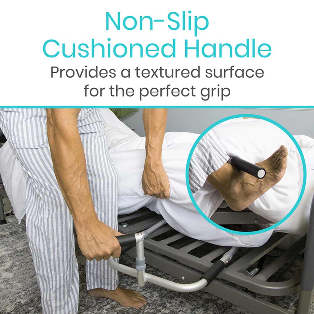 Person using a bed rail with a non-slip cushioned handle, emphasizing grip and safety.