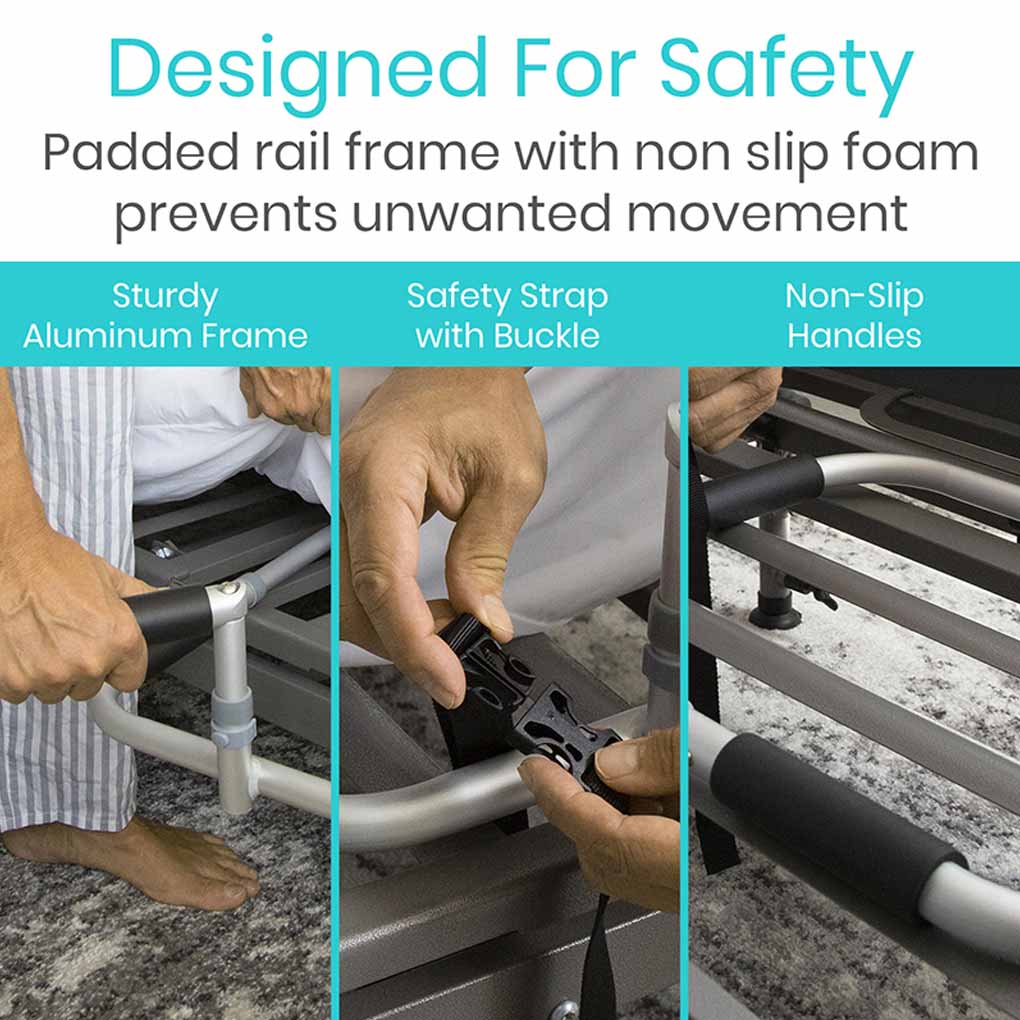 Product image with features highlighted for safety and stability, including a padded rail frame, non-slip foam, sturdy aluminum frame, safety strap, and non-slip handles.