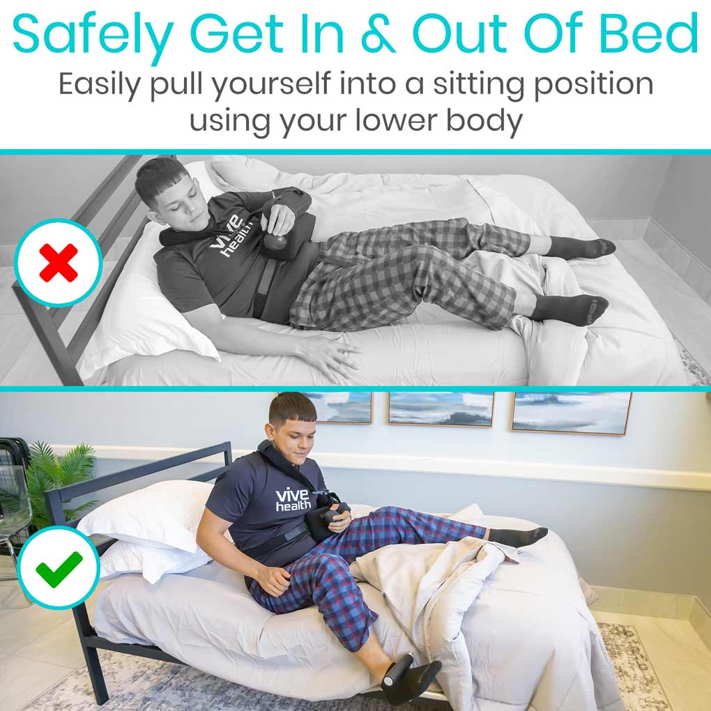 Comparison of a person using a bed safety device to get in and out of bed safely.