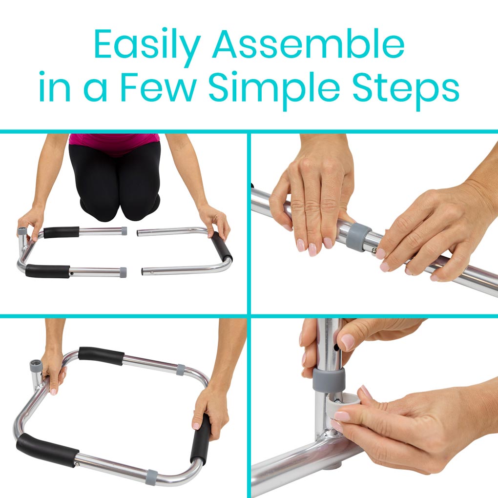 Step-by-step assembly process of a metal frame with handles on a white background.