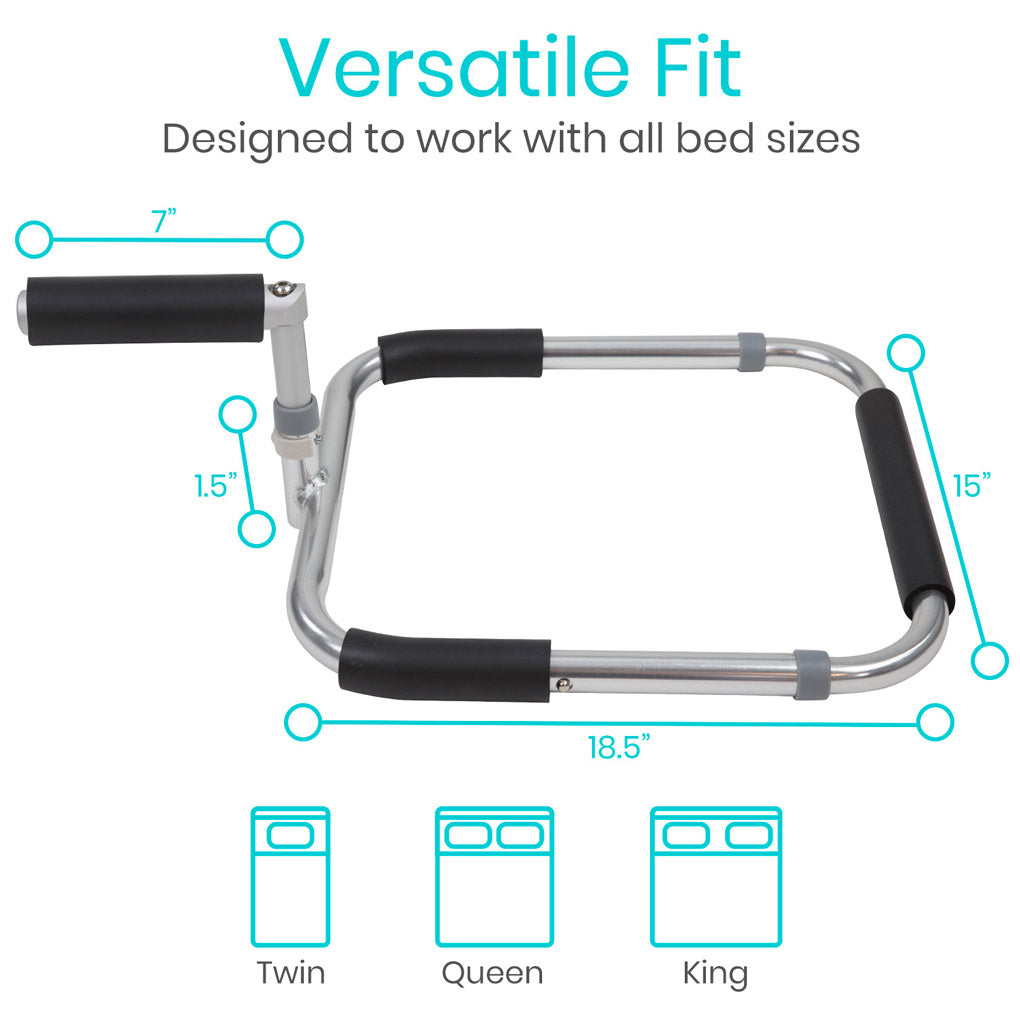 Bed rail with dimensions and compatibility with different bed sizes on a white background