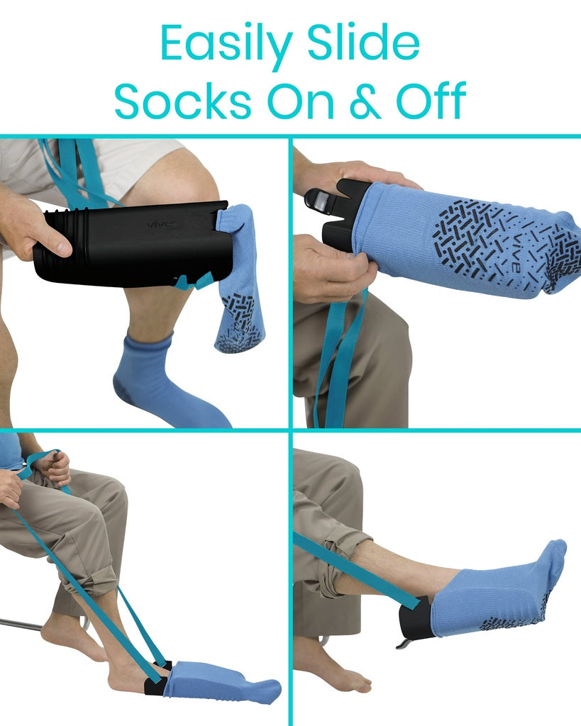 Product showing a tool for easily sliding socks on and off with text 'Easily Slide Socks On & Off'.