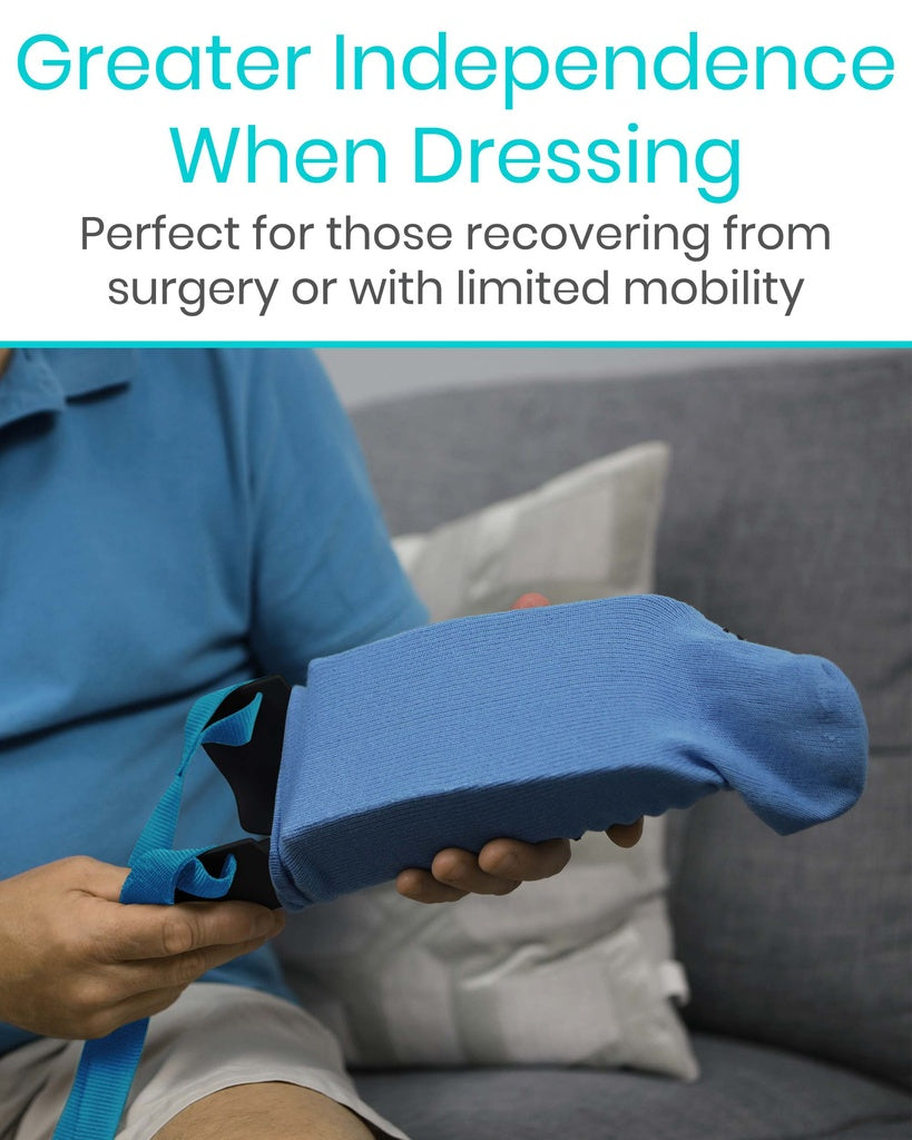 Person holding a blue support garment with text about independence and limited mobility.
