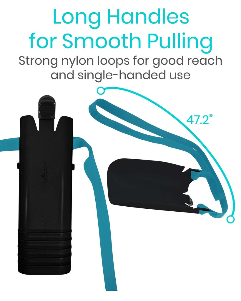 Black handheld device with long blue handle and text about strong nylon loops for smooth pulling.
