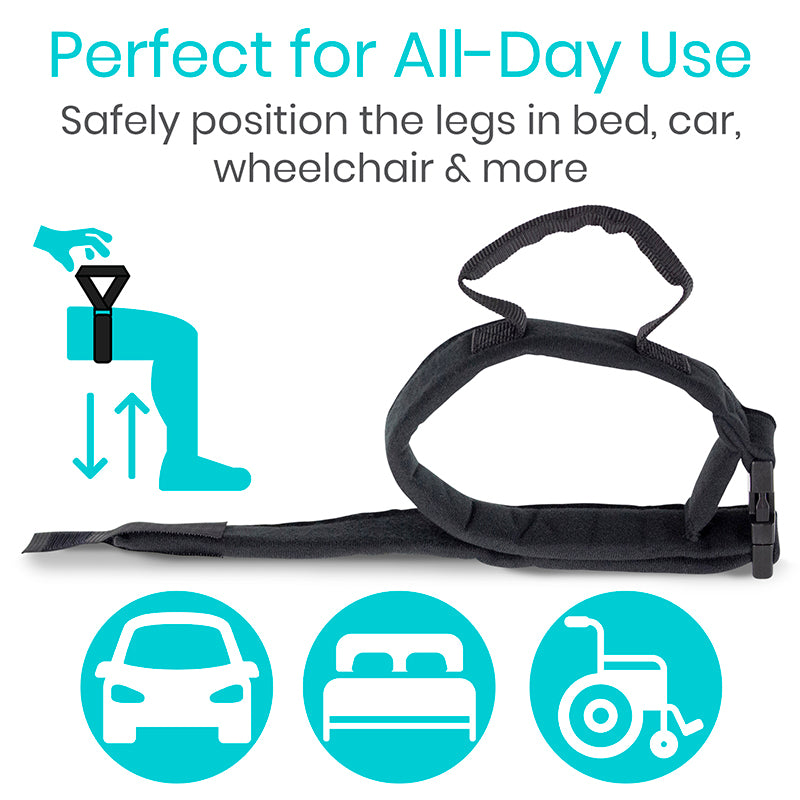 Black leg strap with text and icons indicating its use in various settings on a white background