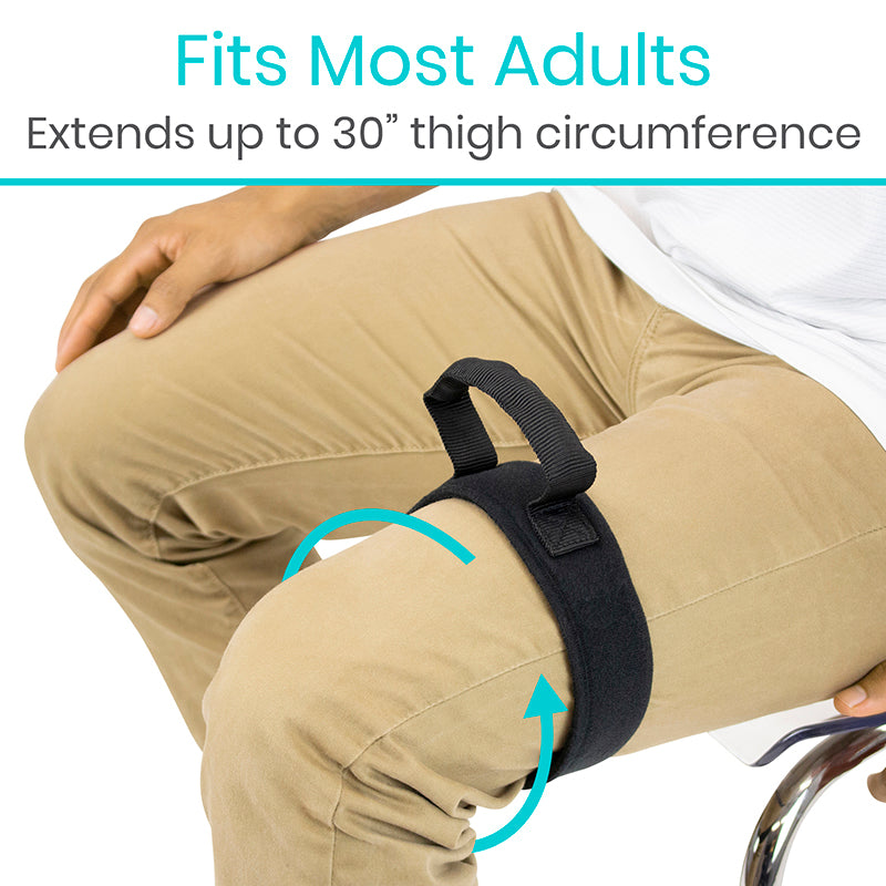 Person wearing a black knee support brace with text indicating it fits most adults and extends up to 30" thigh circumference.