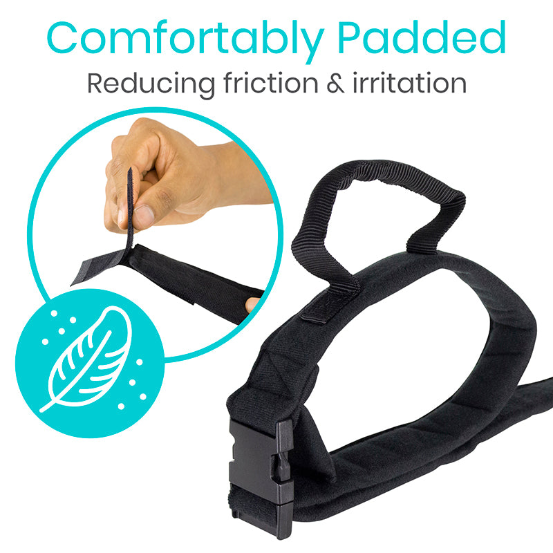 Black strap with padding feature, hand holding it, and feather icon on a white background.