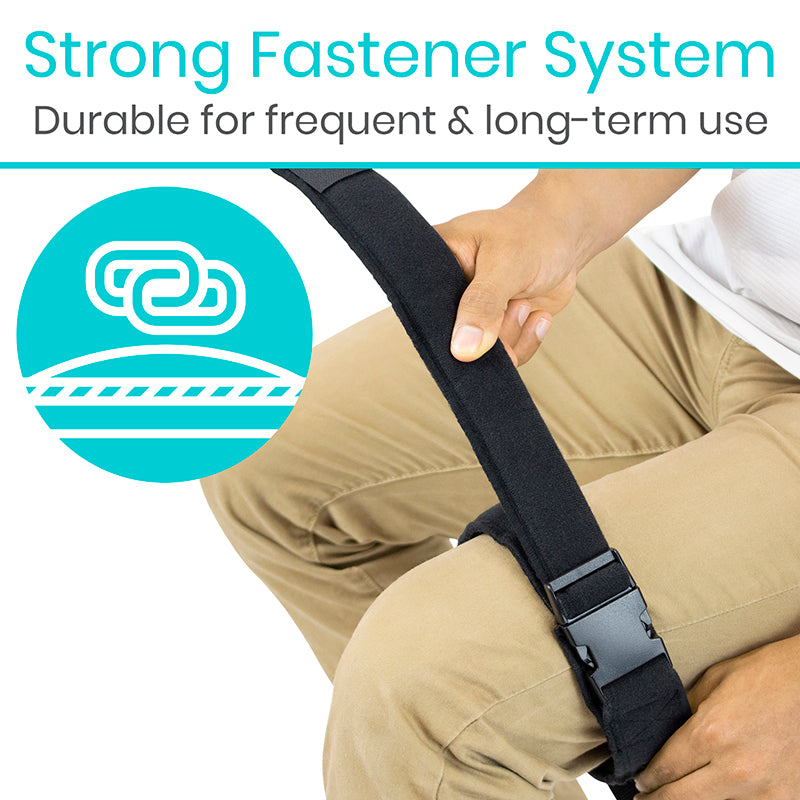 Person wearing a black strap with a strong fastener system, text indicating durability for frequent and long-term use.