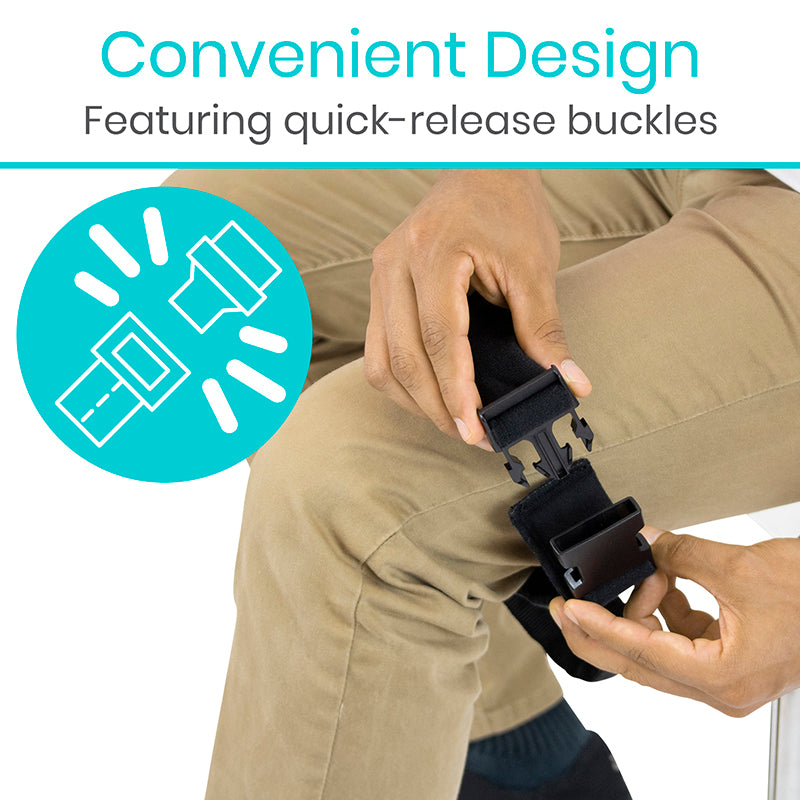 Person adjusting a black belt with quick-release buckles on beige pants, with text 'Convenient Design Featuring quick-release buckles' above.