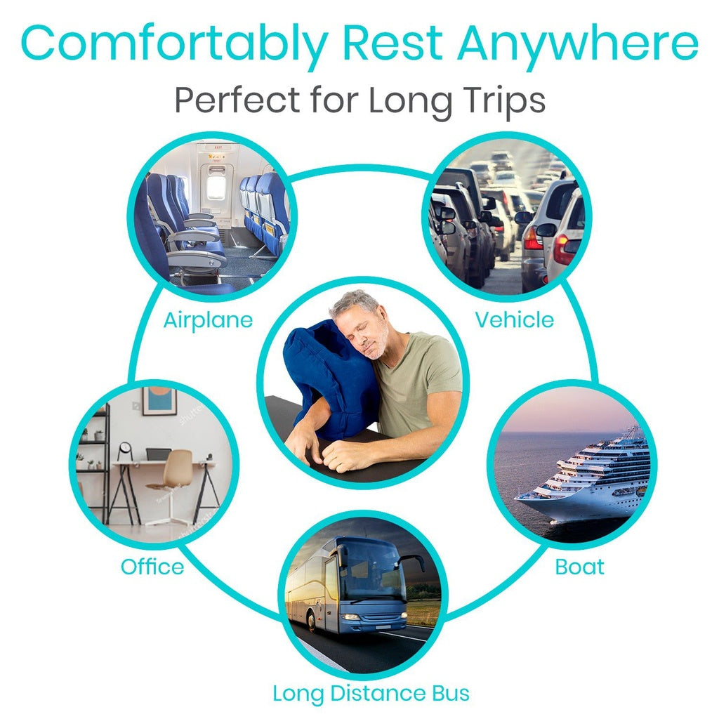 Product advertisement showing various travel scenarios with text 'Comfortably Rest Anywhere' and 'Perfect for Long Trips'.