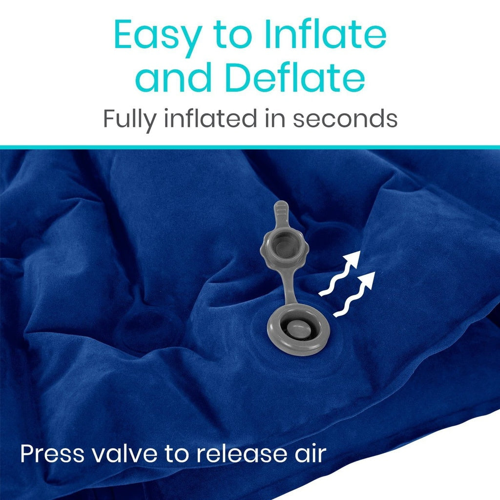 Blue inflatable product with an inflation valve and text indicating ease of inflation and deflation.