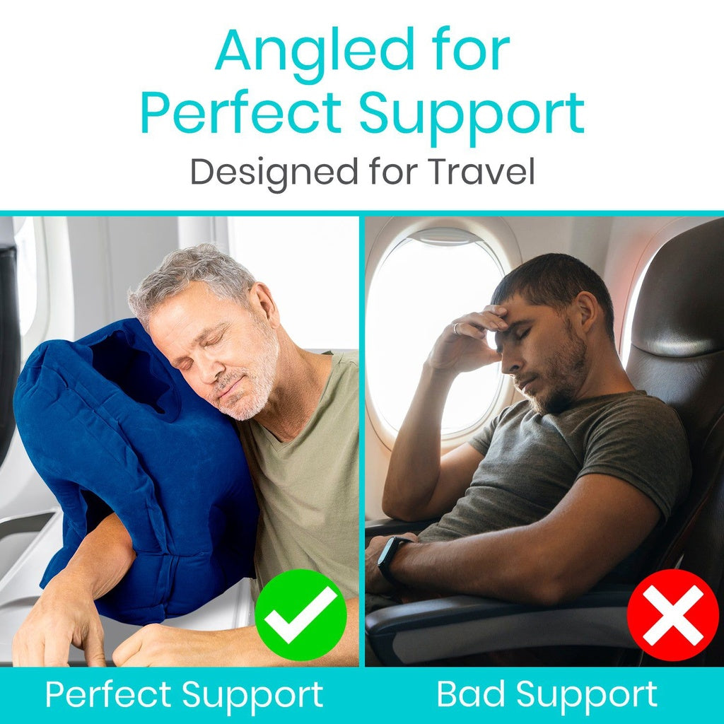 Two scenarios showing the use of a travel pillow with text 'Angled for Perfect Support' and 'Designed for Travel'.