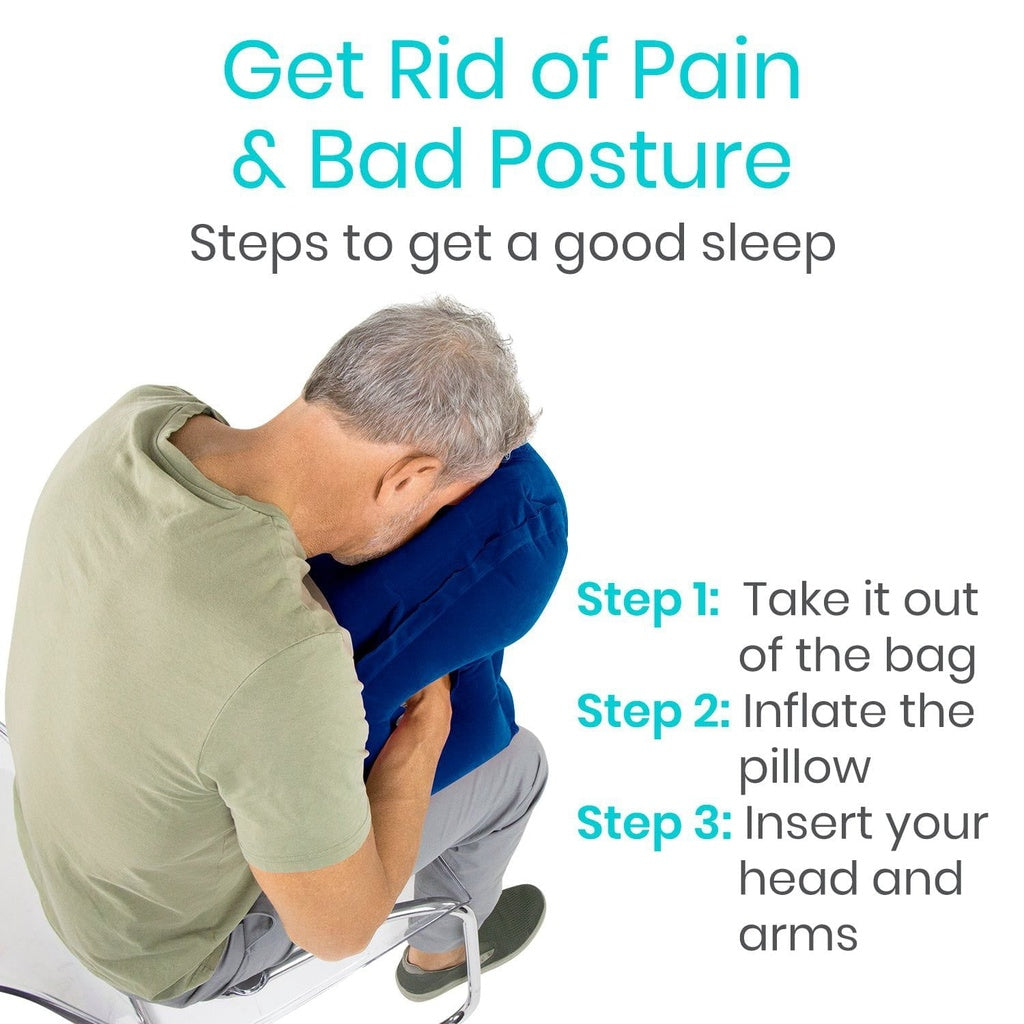 Person using an inflatable pillow with text on how to use it for pain relief and bad posture.