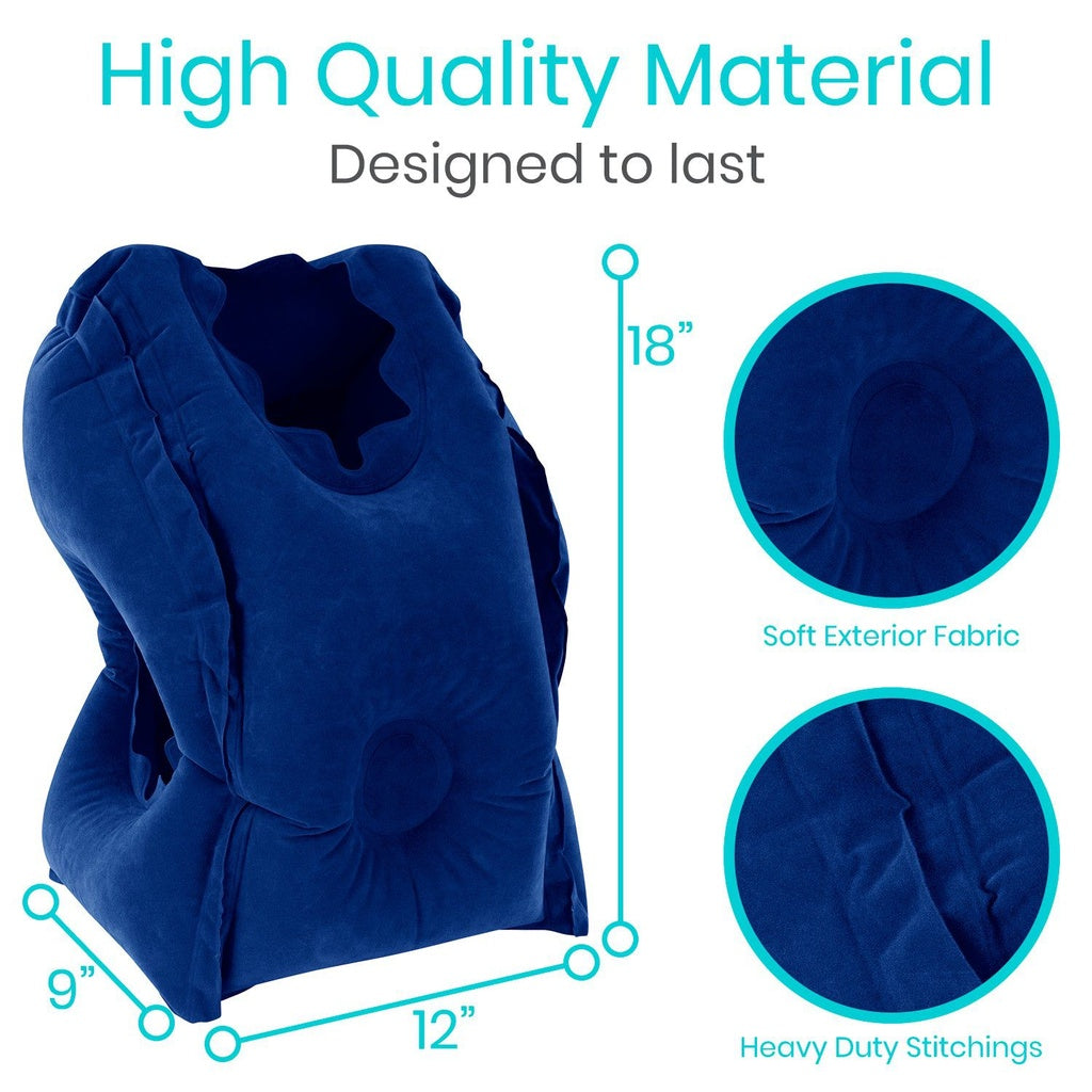 Blue cushion with measurements and material details on a white background