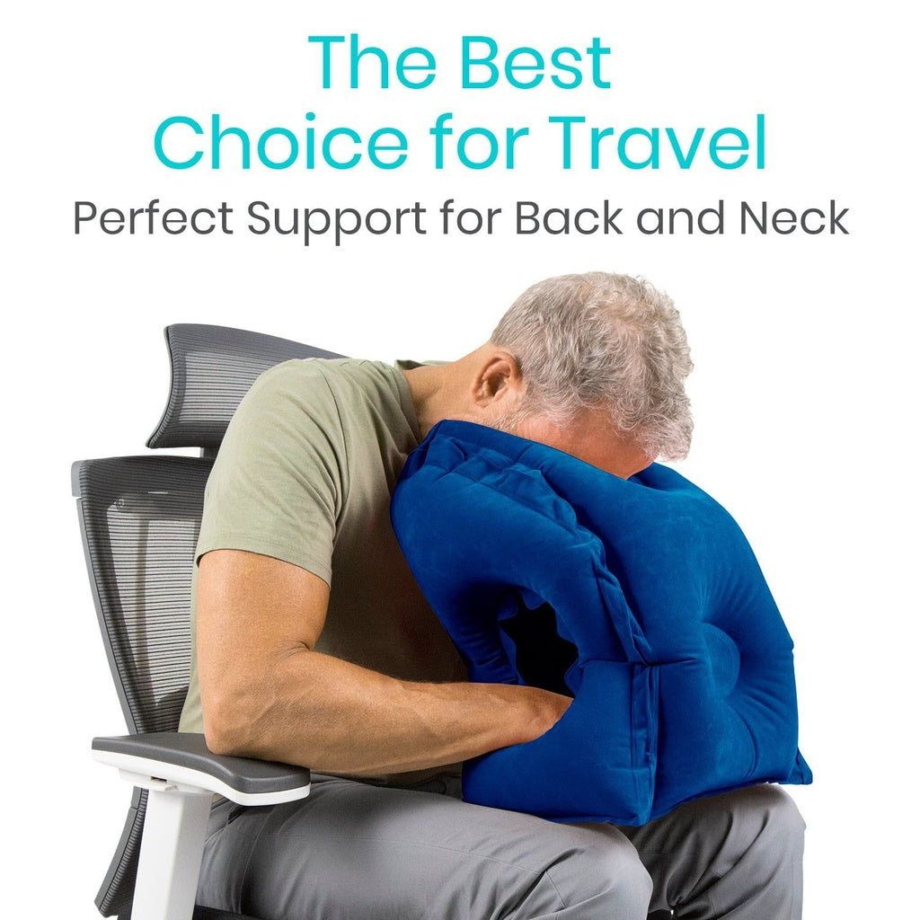 Man using a blue pillow for back and neck support on a chair with text 'The Best Choice for Travel' and 'Perfect Support for Back and Neck'.