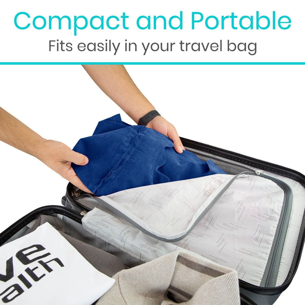 Blue garment in a suitcase with text 'Compact and Portable Fits easily in your travel bag'.
