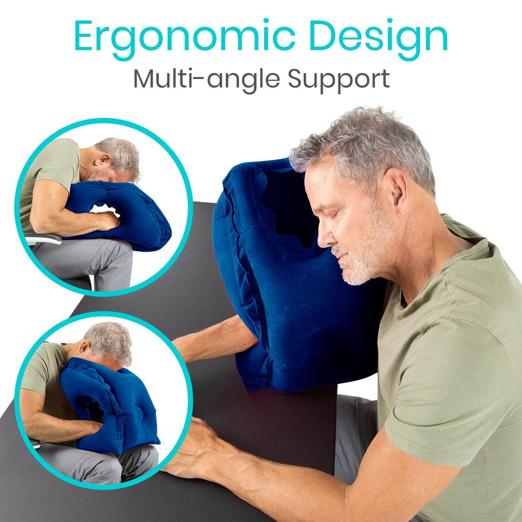 Man using a blue ergonomic pillow with text 'Ergonomic Design' and 'Multi-angle Support'.