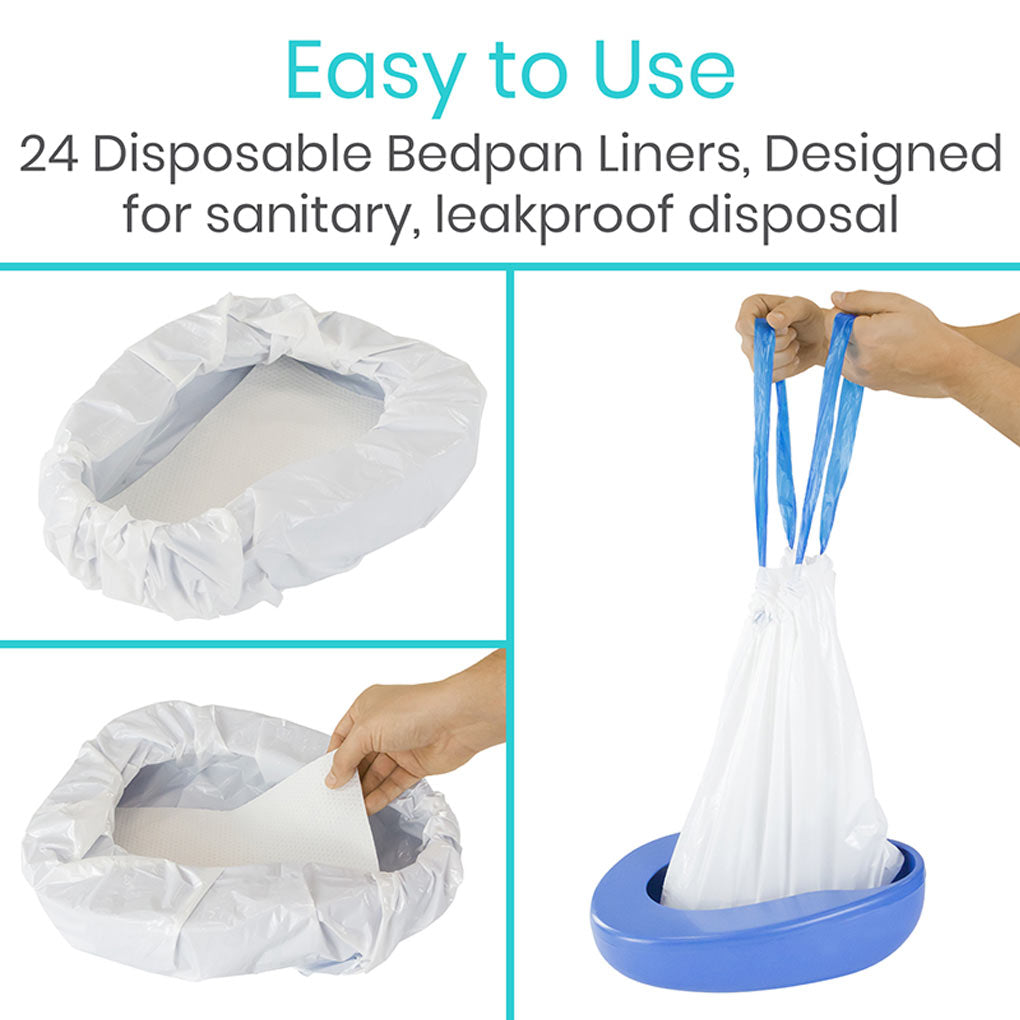 Disposable bedpan liners with packaging and usage instructions on a white background