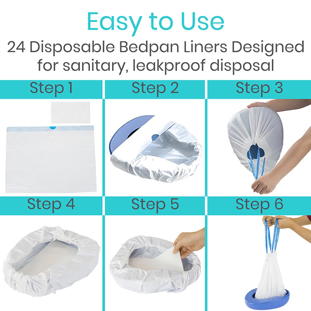 Step-by-step guide on using disposable bedpan liners with text 'Easy to Use' and product details.