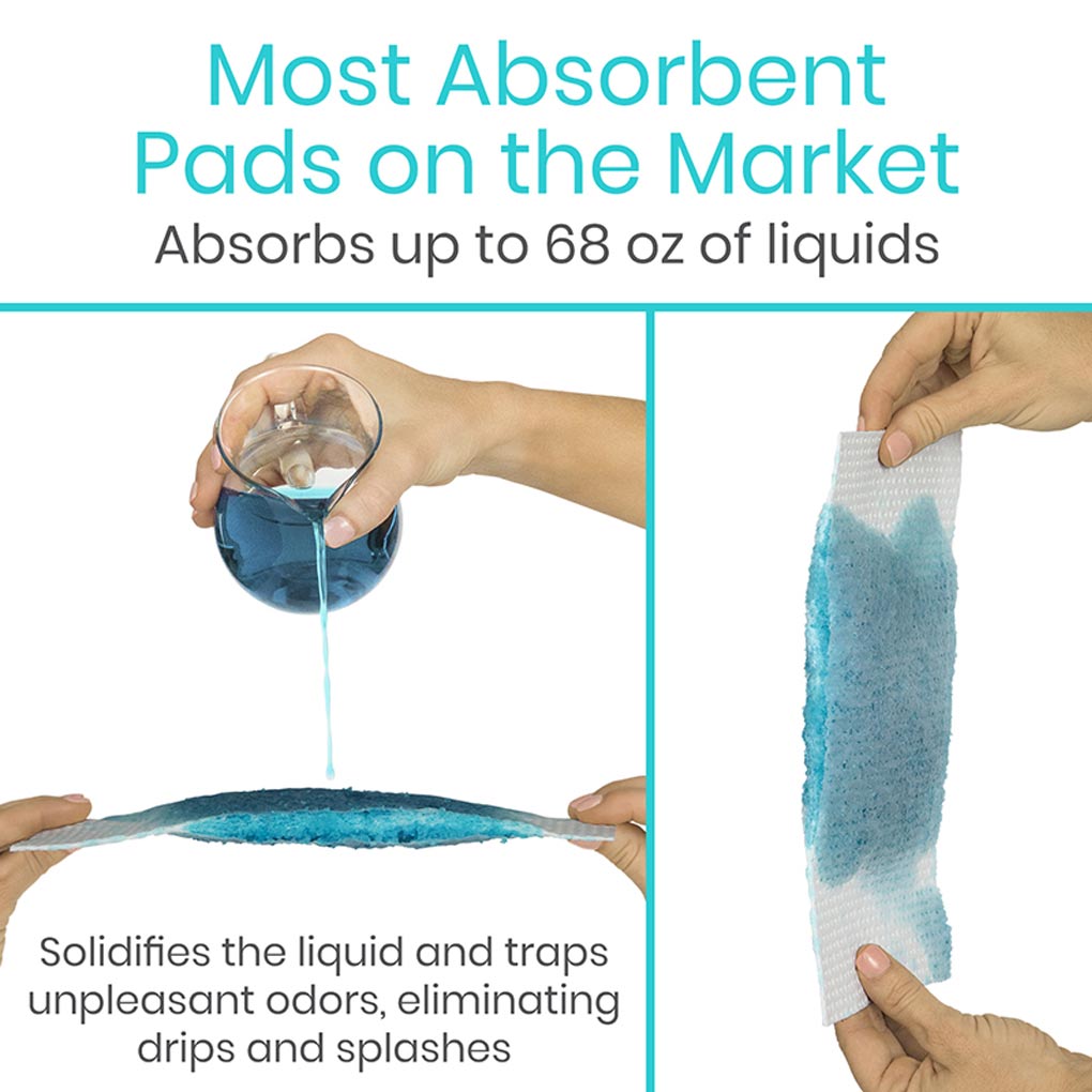 Absorbent pad absorbing liquid with text highlighting its absorbency and odor-trapping properties.