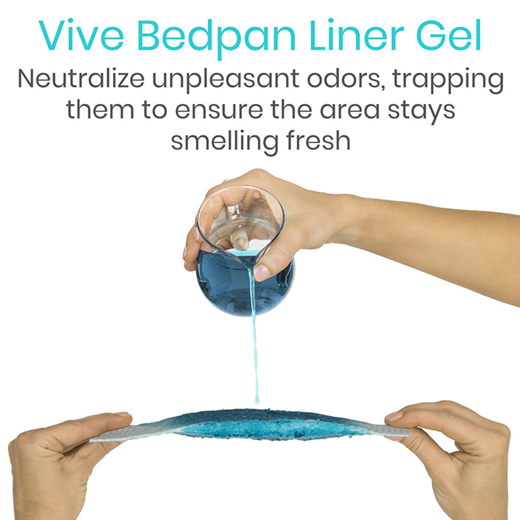 Vive Bedpan Liner Gel being applied to a bedpan with text describing its odor-neutralizing properties.