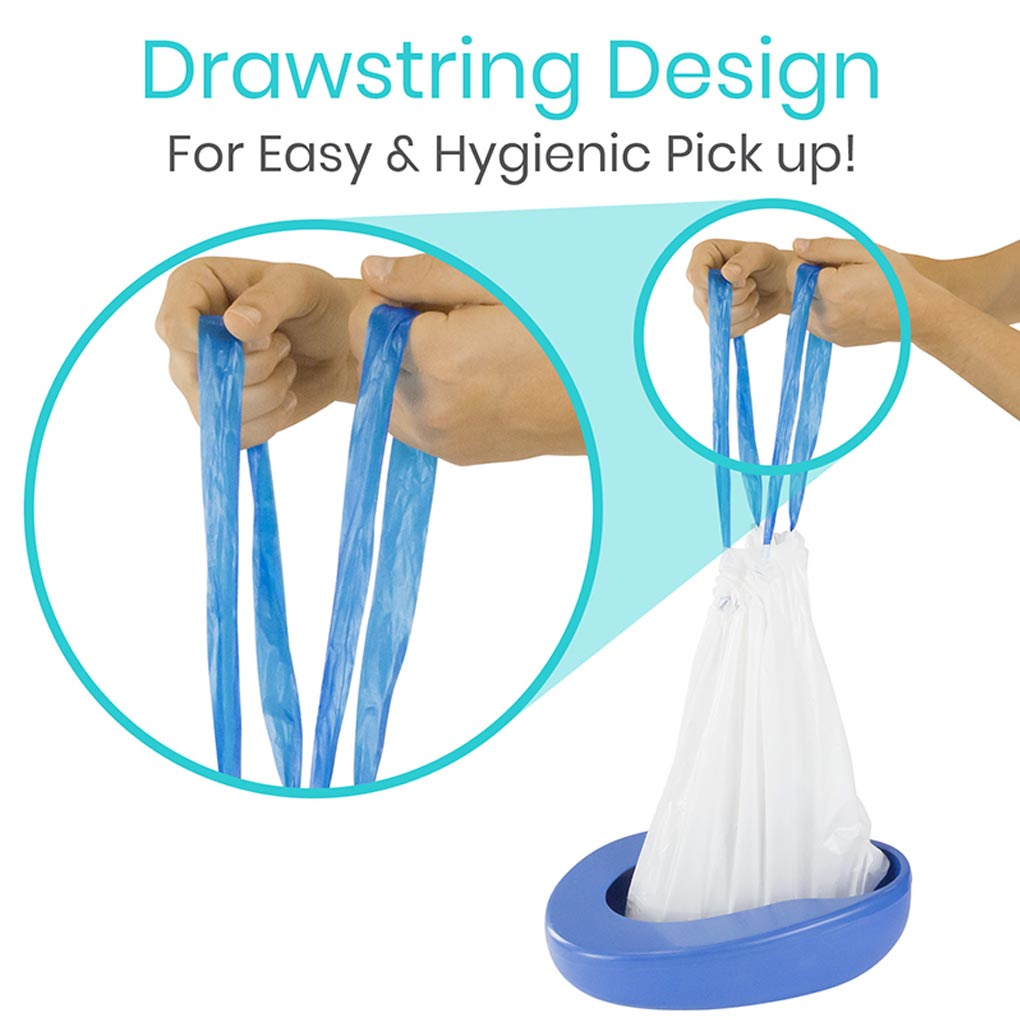 Blue drawstring bag with a white bag inside, held by hands above a blue holder.