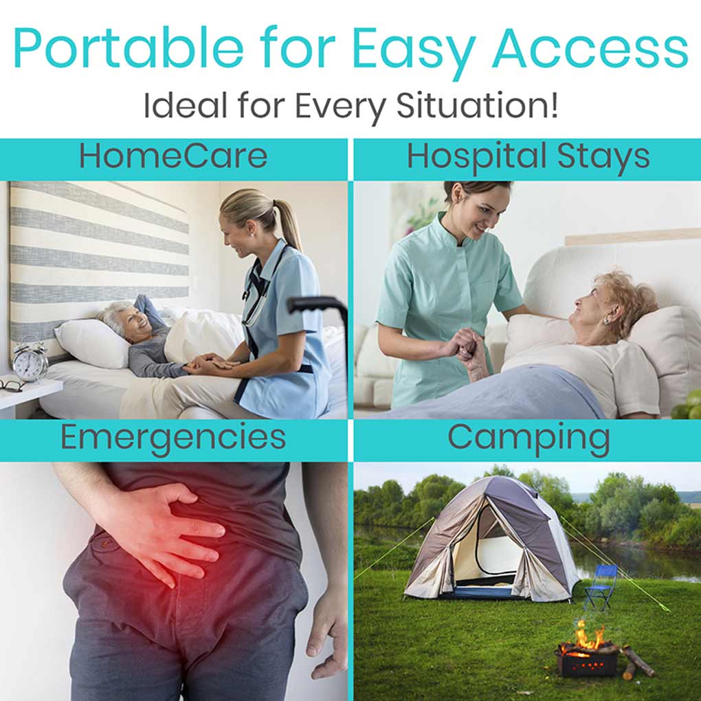 Product advertisement with images of a nurse caring for patients in various settings and text highlighting its portability.