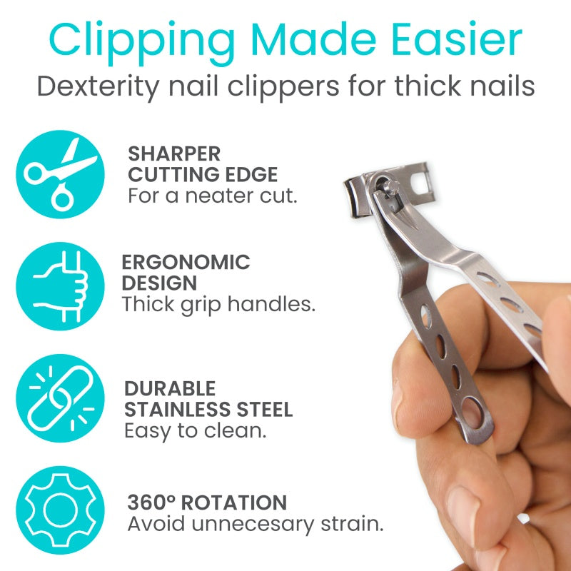 Nail clippers with features listed on a white background