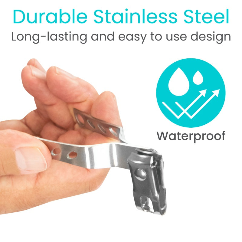 Metal clip held by a hand with 'Durable Stainless Steel' and 'Waterproof' text on a white background