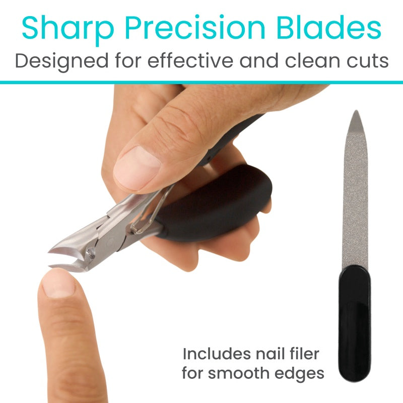 Hand holding a pair of nail clippers with a nail file next to it, text about sharp precision blades and effective cuts.